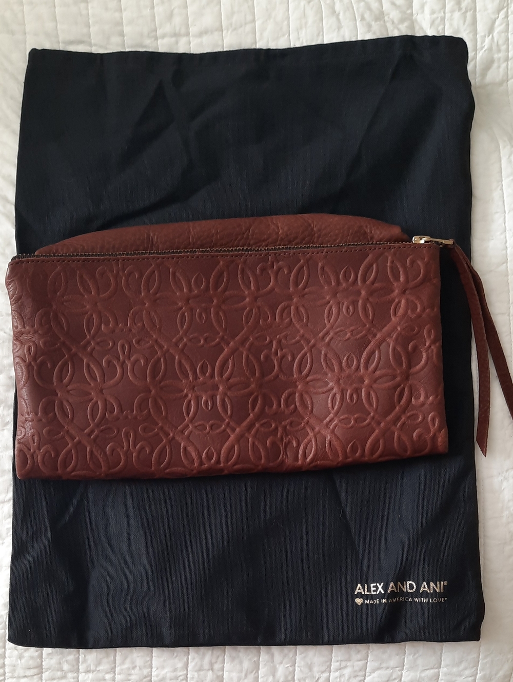 Alex and Ani Embossed Leather Zip Fold-Over Clutch — Dark Brown